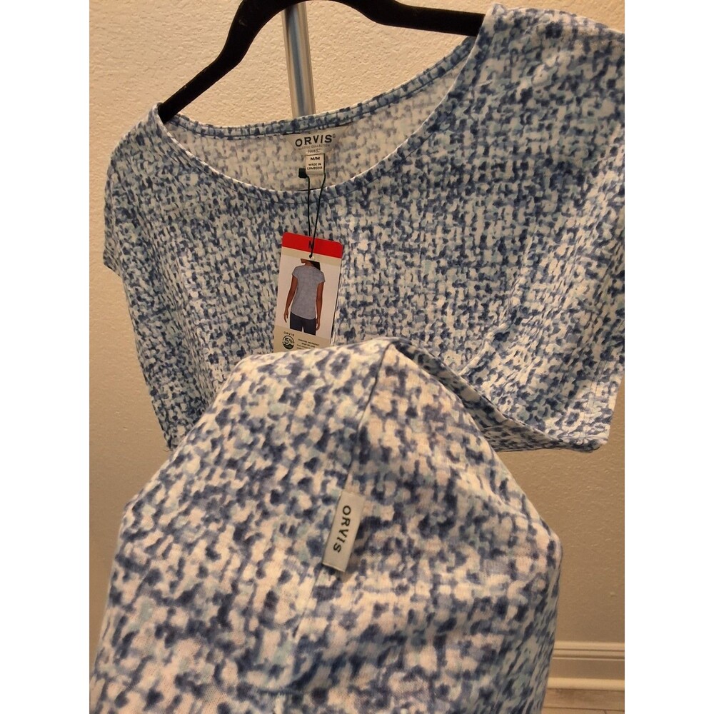Orvis NWT Womens Blue and White Geo Print Hi Low Hem Linen Knit Top Size M - Picture 5 of 9